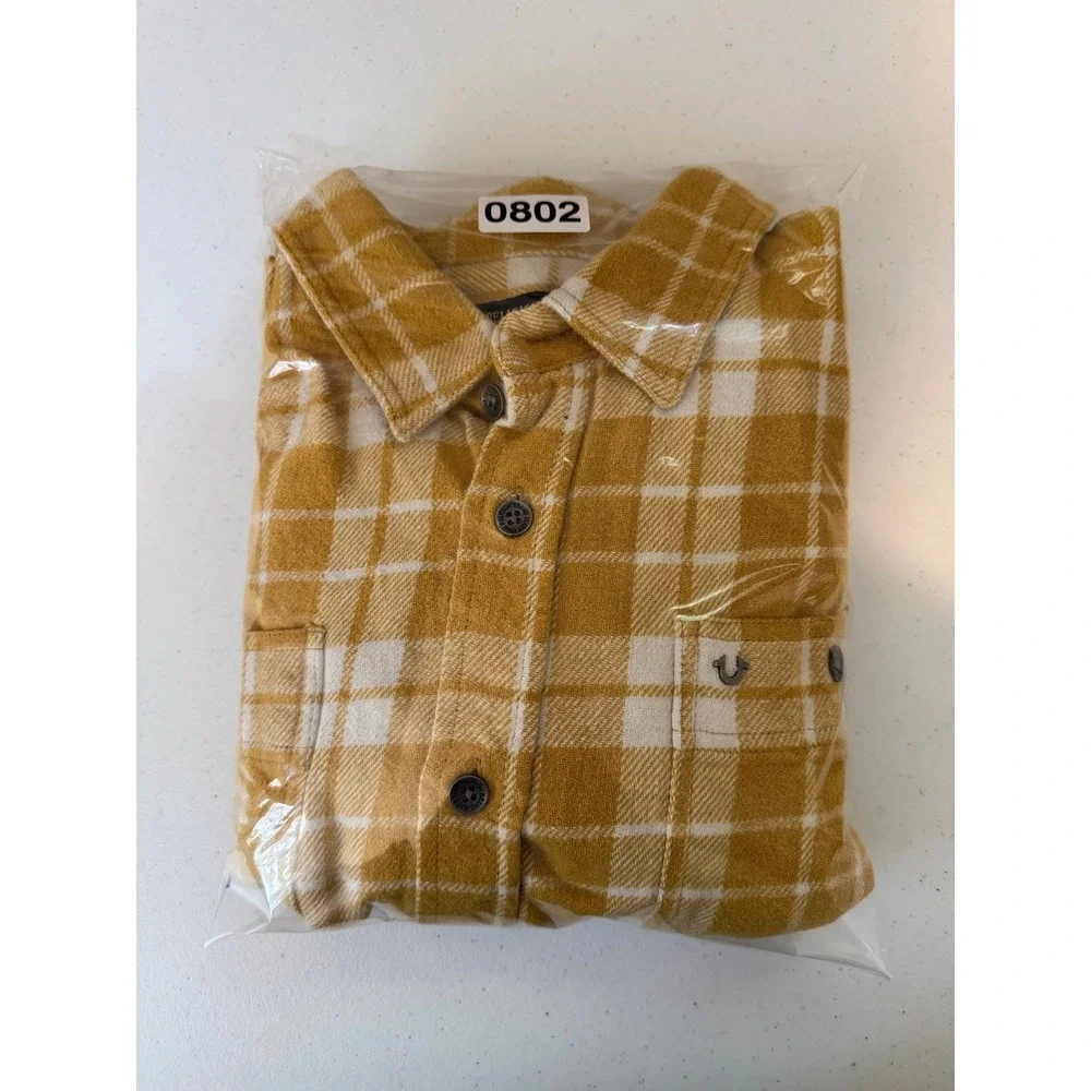 True Religion Flannel Button Down Mens XL Yellow Excellent Plaid Long Sleeve